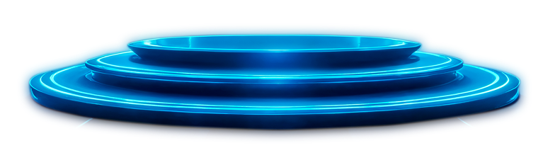 Palco com tela de menu de acessibilidade digital, desenvolvida por IncluTalk, exibida sobre um fundo azul futurista com plataforma circular iluminada.